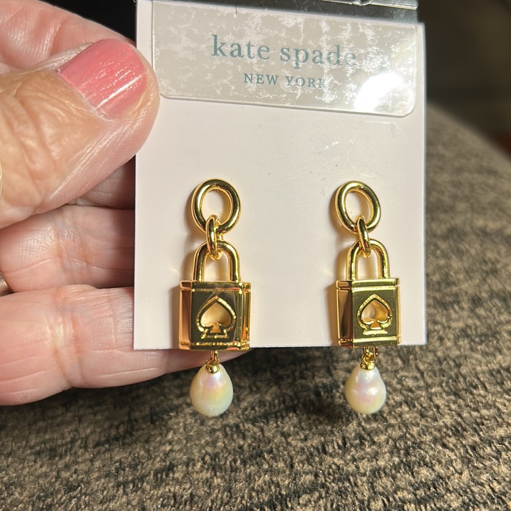Kate Spade Lock and Spade Pearl Drop Earrings NEW